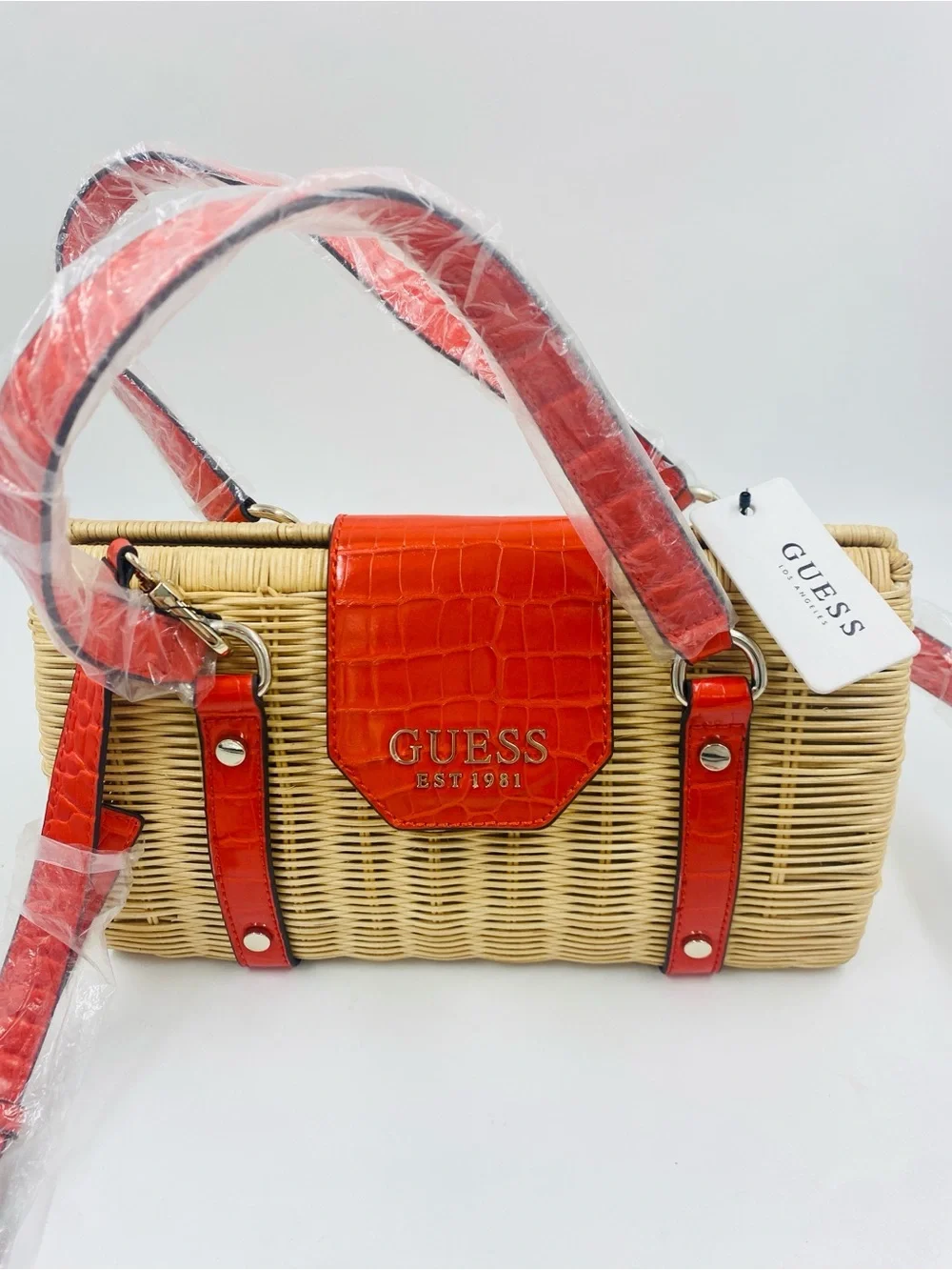 NWT Guess Paloma Straw Satchel Convertible Crossbody Purse Bag Orange